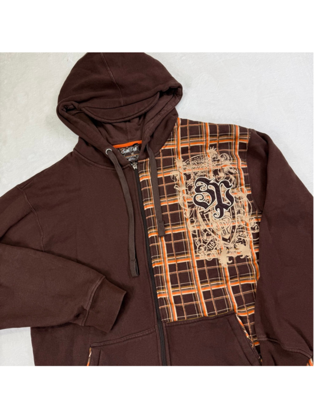 South Pole Y2K Full Zip Hoodie Mens XL Brown Plaid Graphic Streetwear Grunge